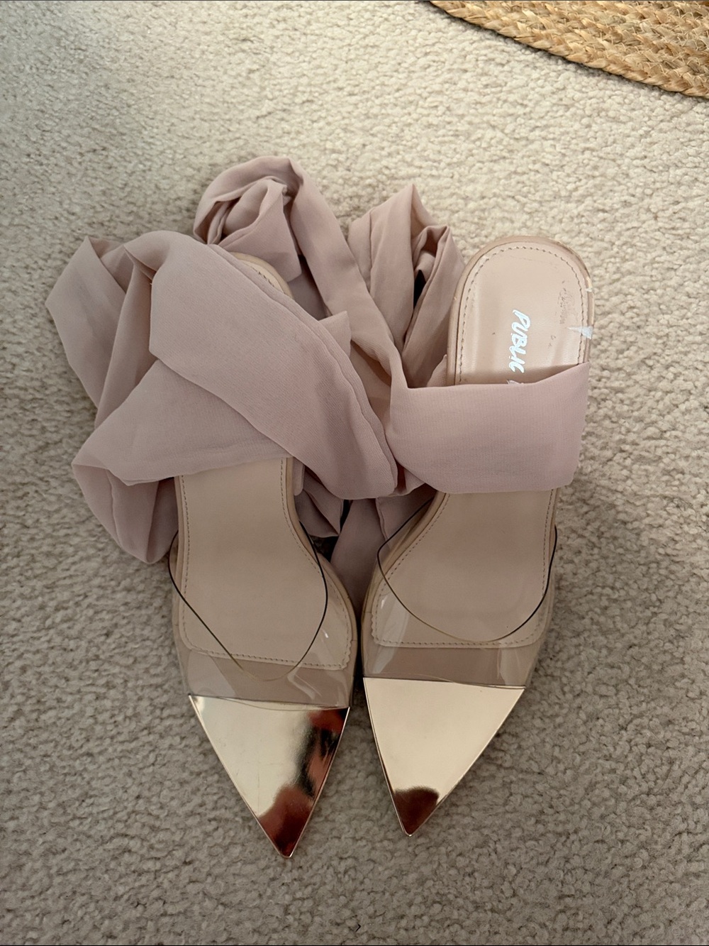 Public Desire Blush Pink Tie-Wrap Mules with Gold Pointed Caps